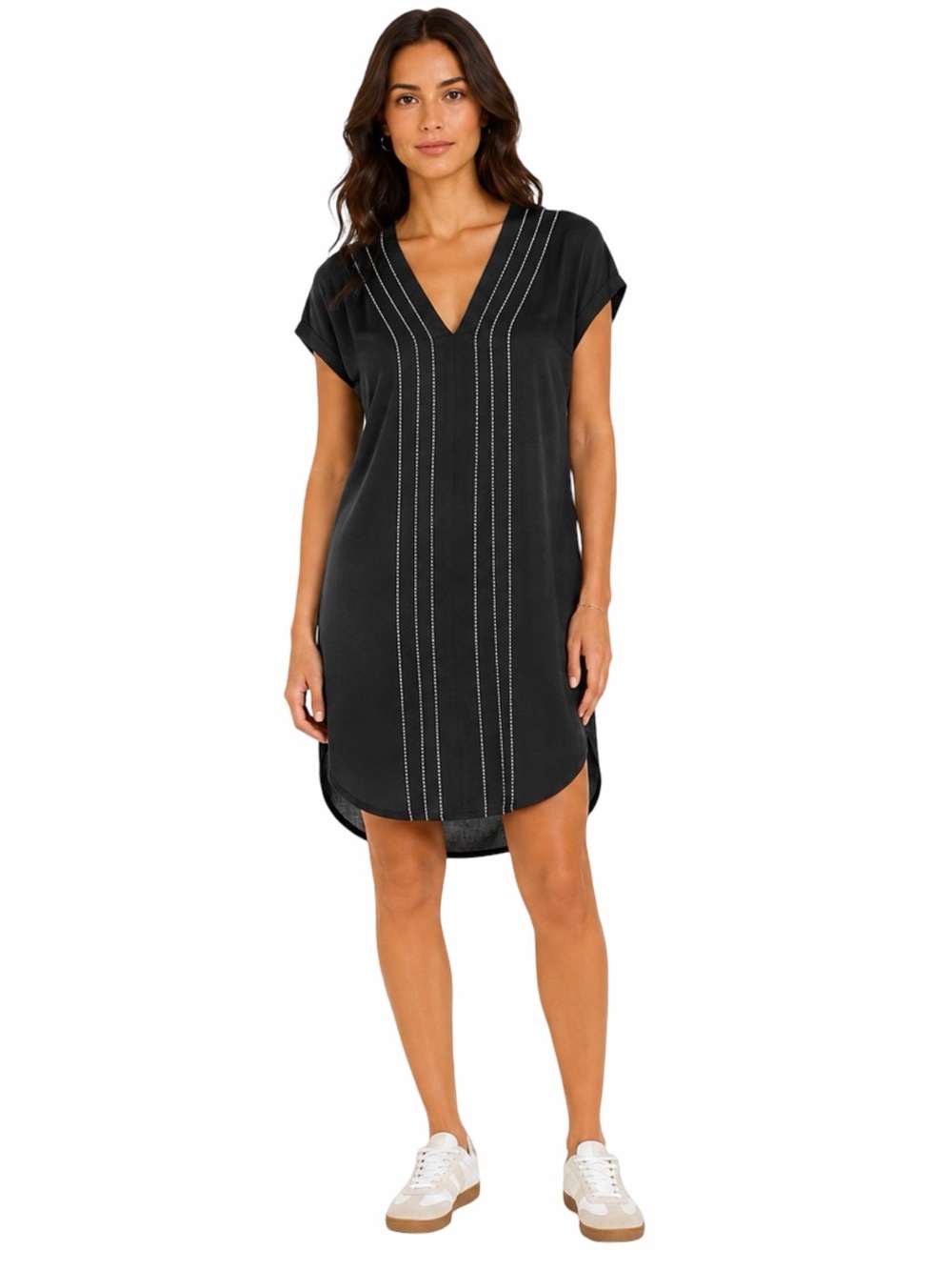 VINCE Cap Sleeve Embroidered Satin Popover Black Shift Dress - Size 4